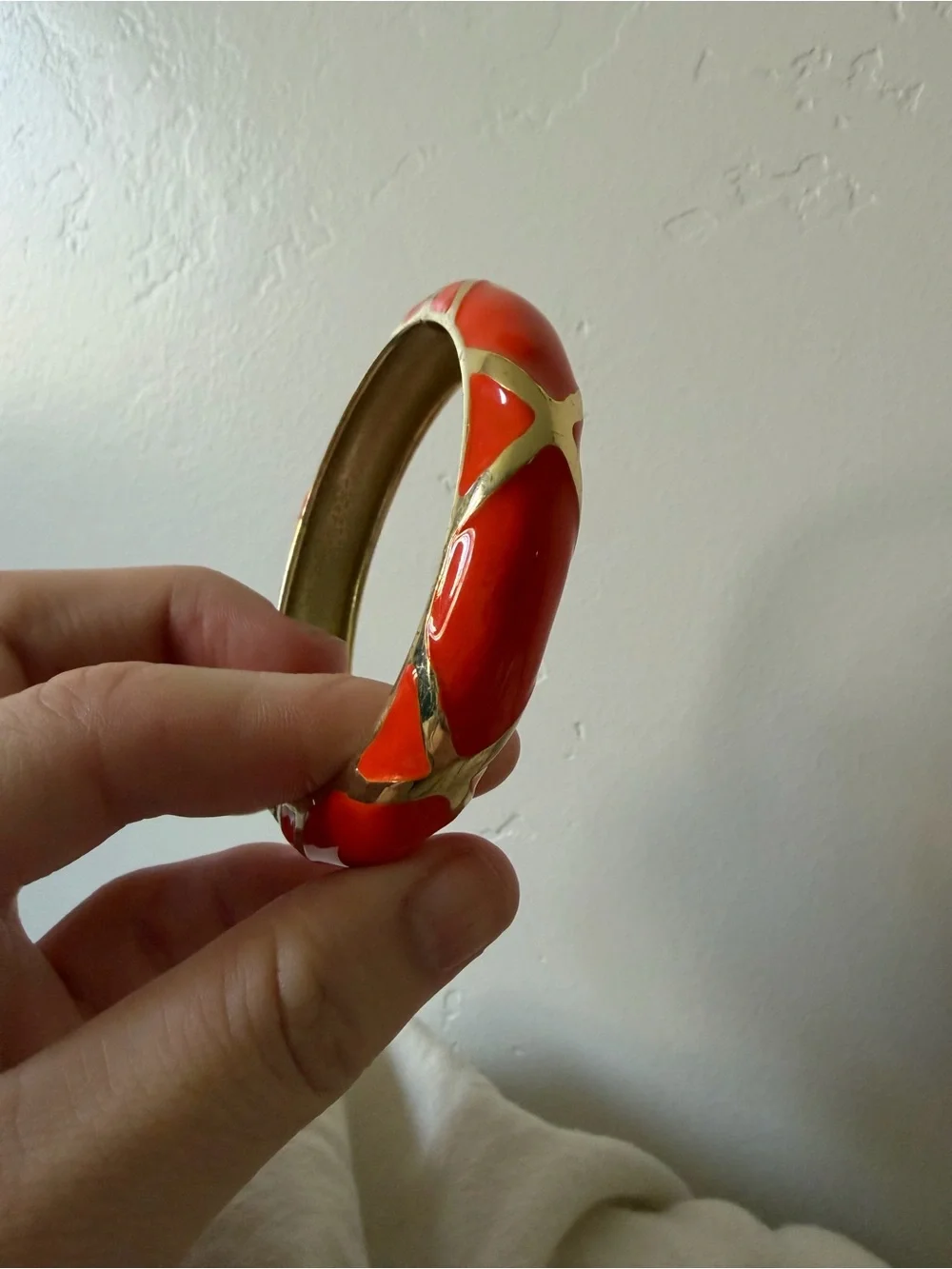 Orange Red Enamel Gold Tone Hinged Bangle Bracelet Statement Jewelry